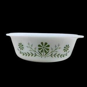 Mid Century White and Green Daisy Glasbake Casserole Dish 11/2 Quart